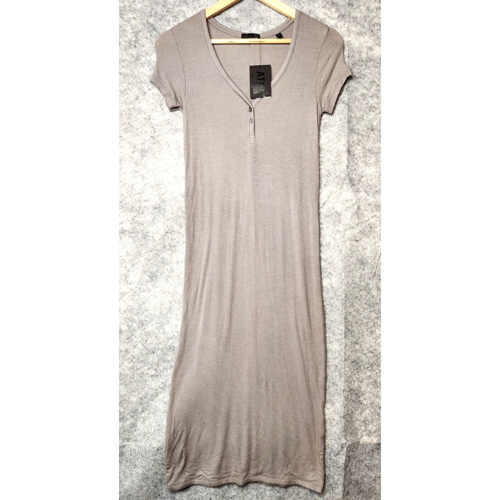 ATM Ribbed Midi Dress Womens Small Stretch Modal V-Neck Short Sleeve New